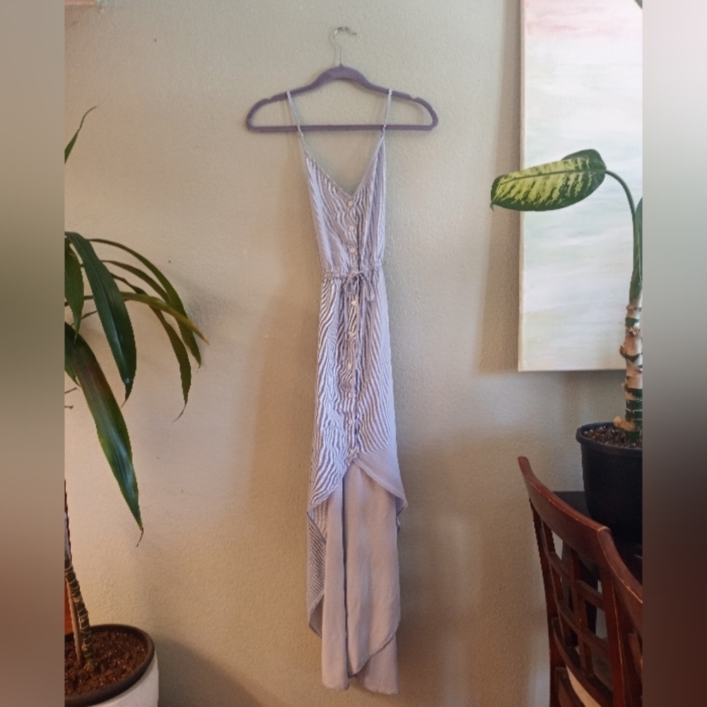 Cotton On Preppy Pastel Blue/White Pinstriped Full Button Cross Back Hi/Lo Midi